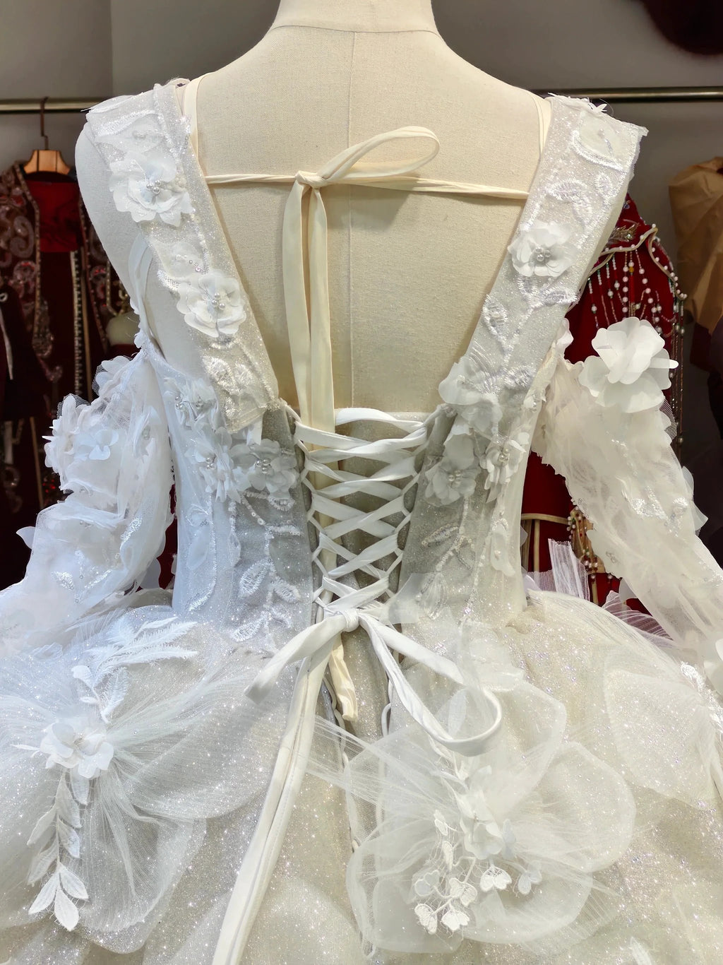 Ivory Petal Whisper Ballgown Organza Floral Bust & Bloom Train by ZAPDRESS