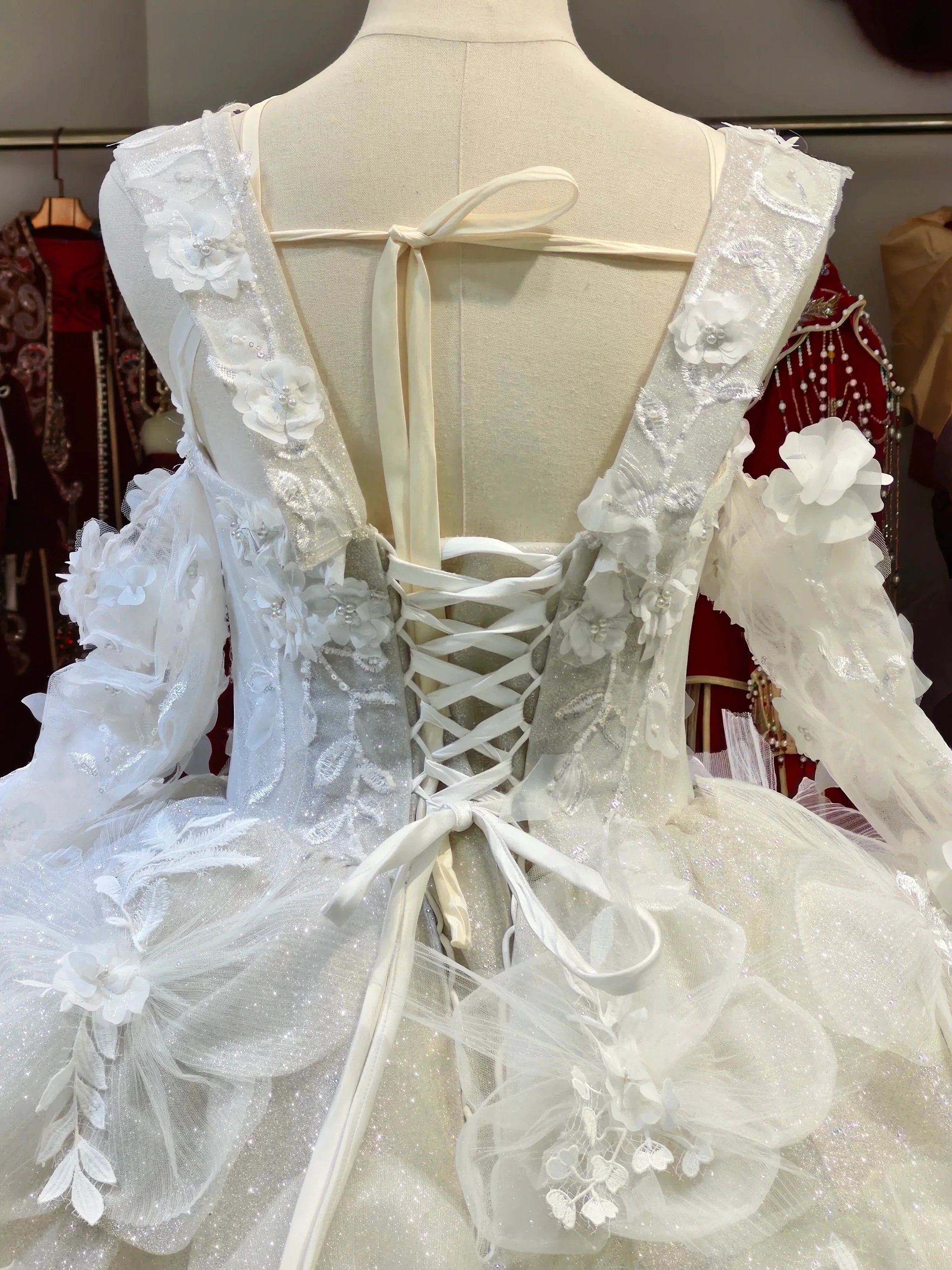 Ivory Petal Whisper Ballgown Organza Floral Bust & Bloom Train by ZAPDRESS