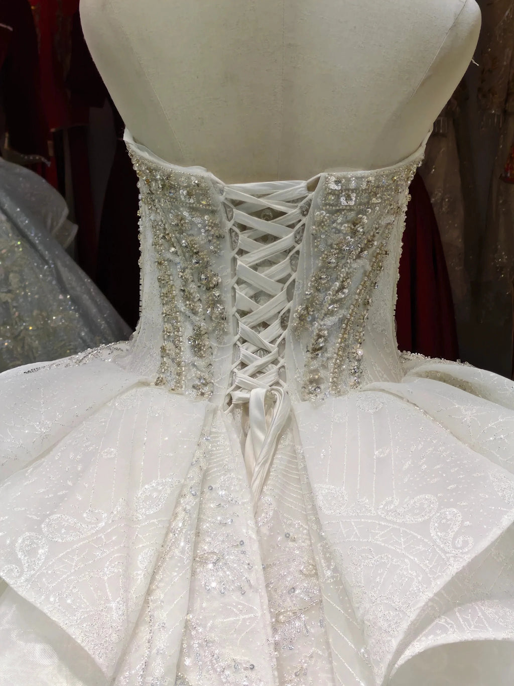 White Gleam Strapless Ballgown Beaded Bust & Ruffled Train by ZAPDRESS