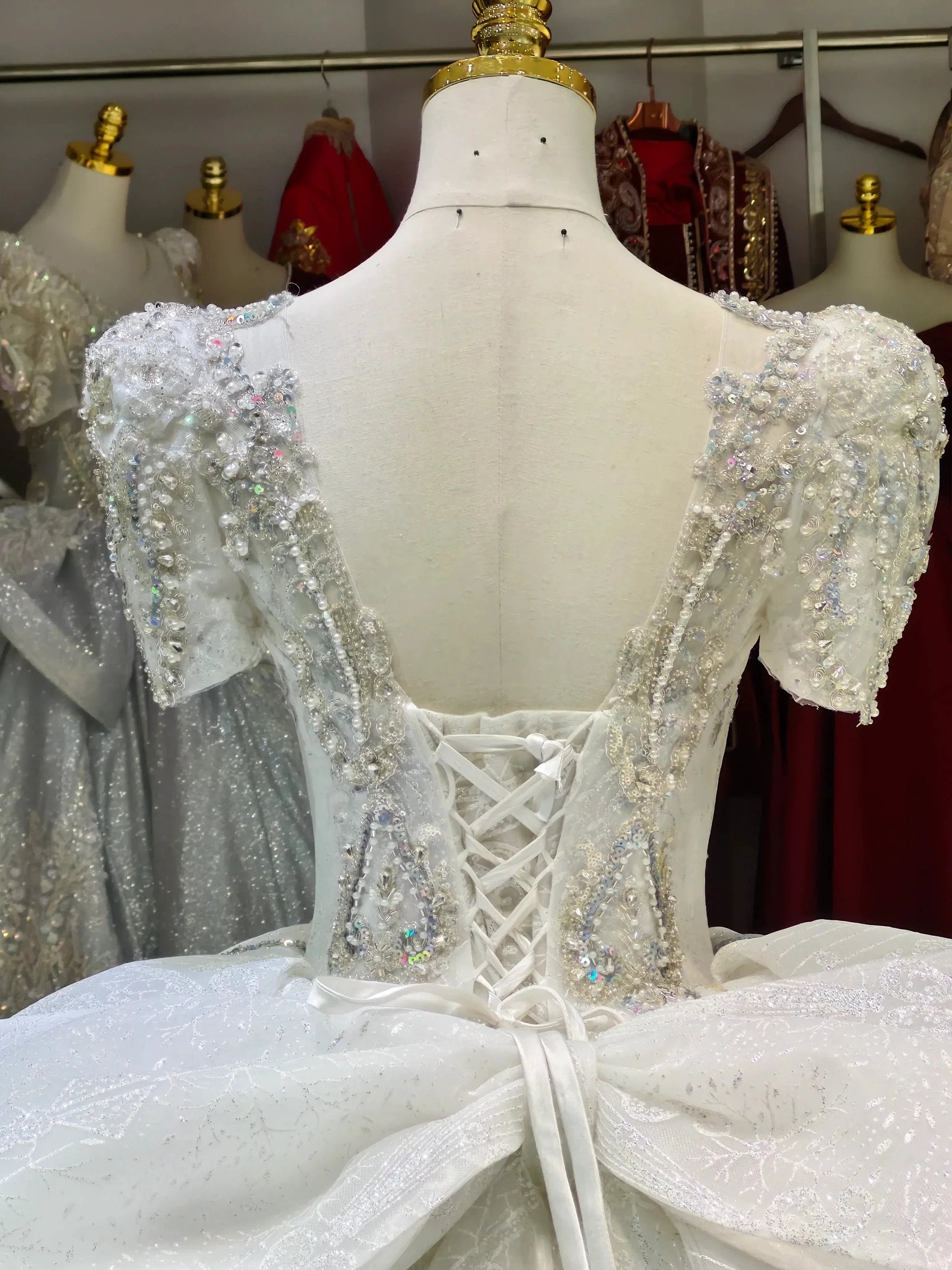 Silver Sparkle Cap-Sleeve Ballgown Beaded Bust & Bow Train by ZAPDRESS