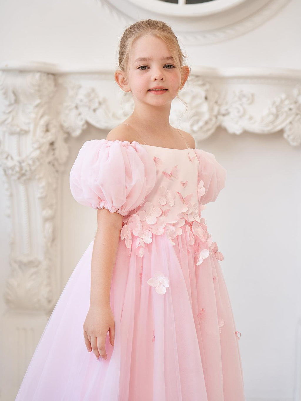 Puffy Sleeves Off-Shoulder 3D Floral Appliques Tulle Tea-length Flower Girl D… - photo 6