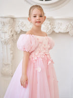 Puffy Sleeves Off-Shoulder 3D Floral Appliques Tulle Tea-length Flower Girl D… - photo 6