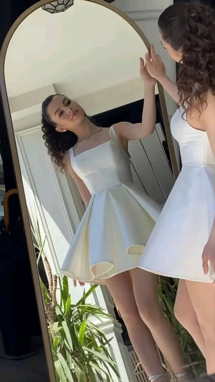 Elegant A Line Straps Ivory Satin Short Homecoming Dress Birthday Dress Y7658 by simplepromdress