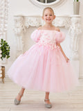 Puffy Sleeves Off-Shoulder 3D Floral Appliques Tulle Tea-length Flower Girl D… - photo 1