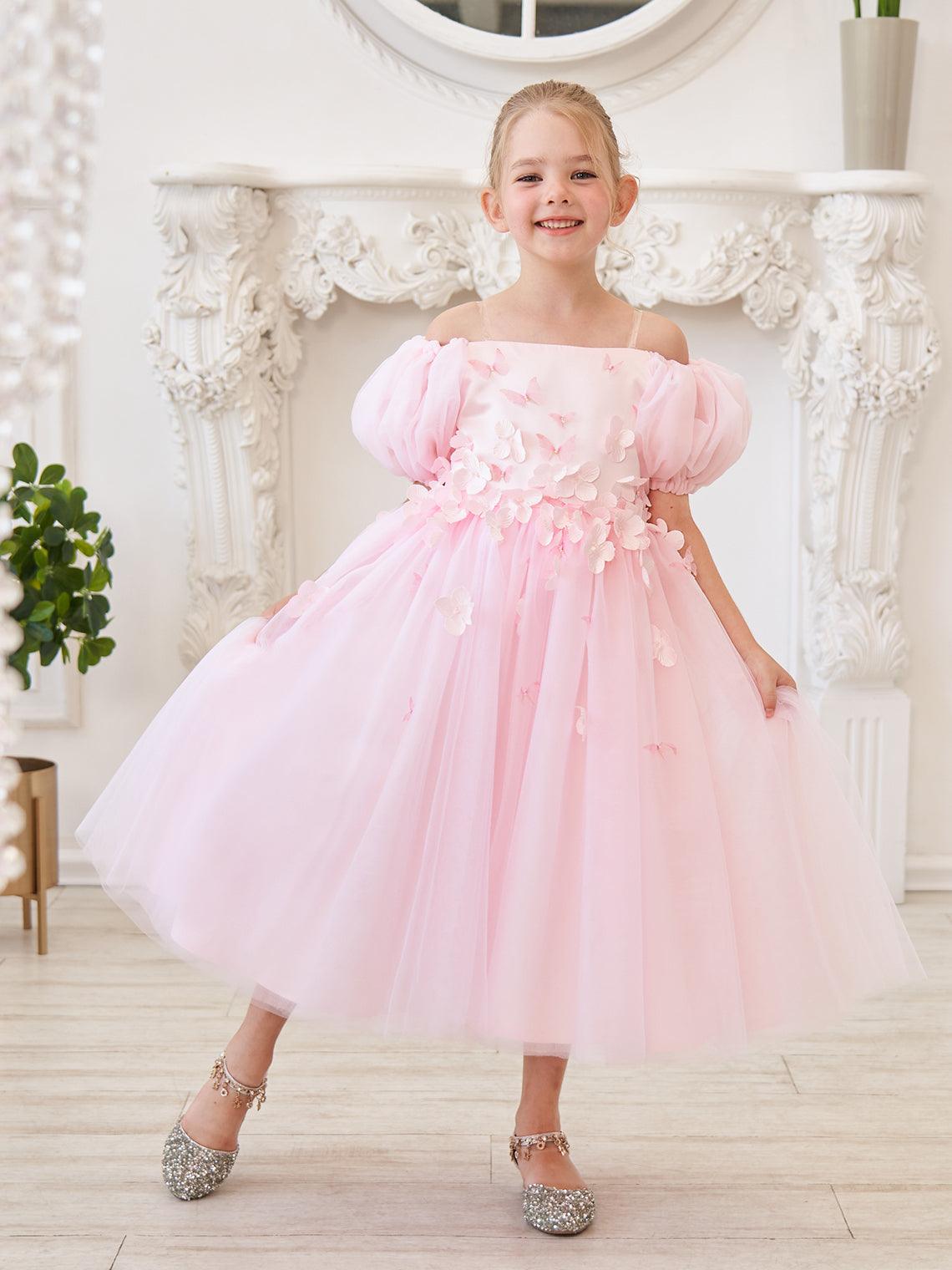 Puffy Sleeves Off-Shoulder 3D Floral Appliques Tulle Tea-length Flower Girl D… - photo 1