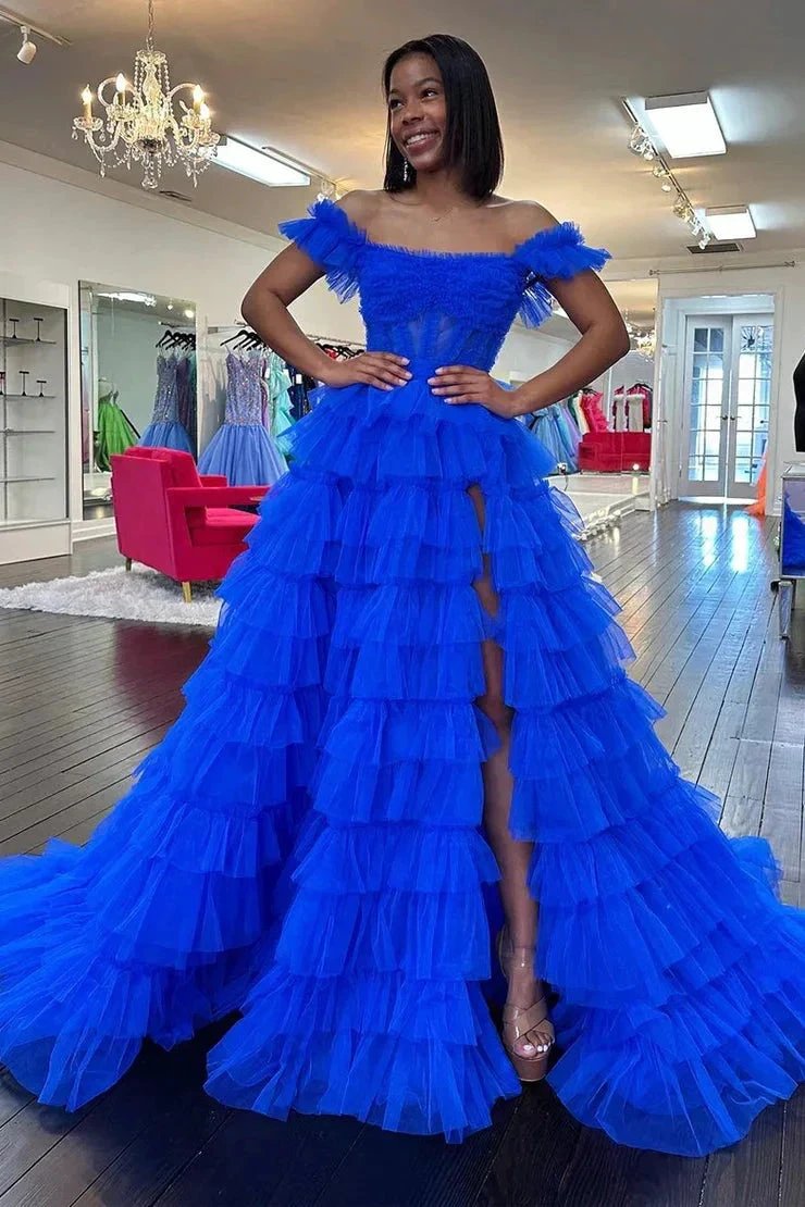 Adalynn | Royal Blue Off the Shoulder Ruffle Tiered Tulle Long Prom Dresses with Slit by KissProm