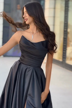 Elegant Black Long A-line Sleeveless Strapless Prom Dress with Slit by BIZTUNNEL
