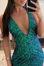 Nina |Deep V Neck Pink Sequins Mermaid Long Prom Dress by KissProm
