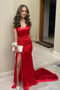 Red Long Mermaid V-neck Backless Evening Prom Dress with Slit by BIZTUNNEL