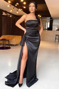 Long Strapless Black Mermaid Satin Evening Dress With Split by BIZTUNNEL