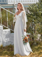 Classic Appliques 3D Flower Wedding Dress Simple Deep V-neck Long Sleeve Bridal Gown Beach Vestidos De Novia by payinti