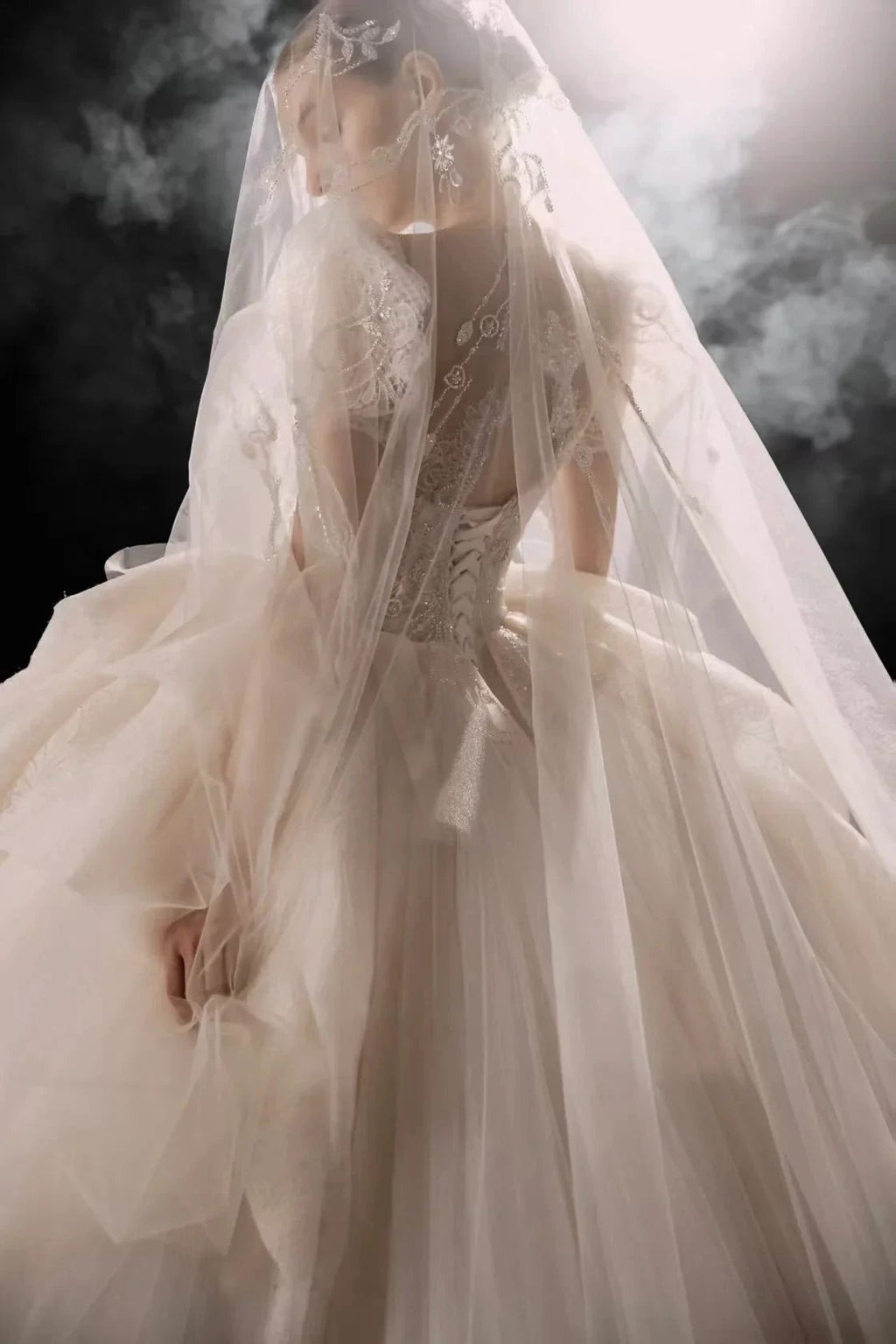 Elegant Sweetheart Ball Gown Lace Puff Sleeve Beaded Embroidery Wedding Dress with Flowing Train E-302 by ZAPDRESS