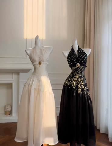 Elegant Black Halter Satin Print Floral Sequins Evening Dress Long ALine Prom Dress Y8568
