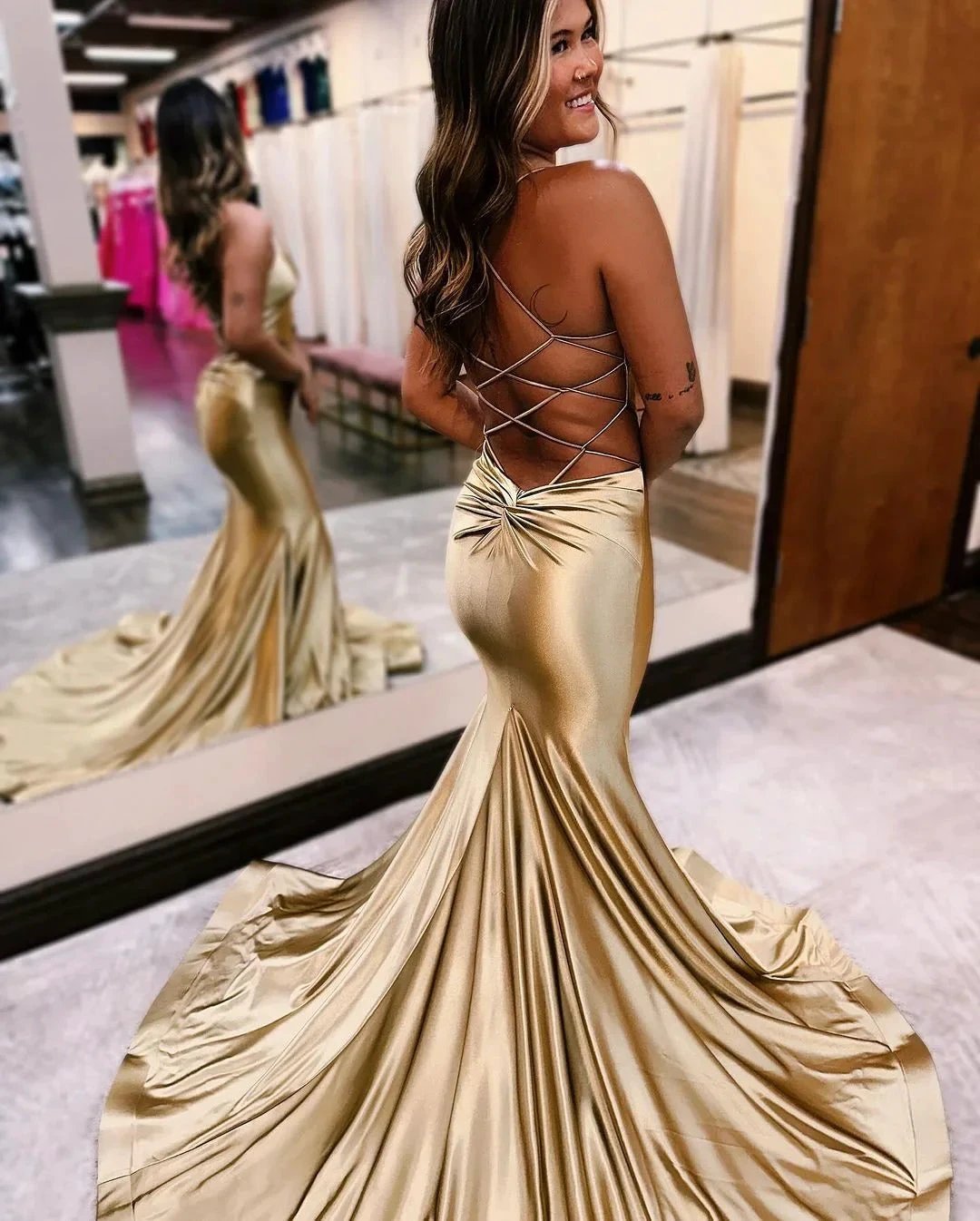Elegant Long Mermaid V-neck Backless Formal Prom Dresses by BIZTUNNEL
