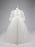 Elegant Polka Dot Tulle Puff Sleeve Sweep Train First Communion Flower Girl D… - photo 5