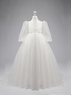 Elegant Polka Dot Tulle Puff Sleeve Sweep Train First Communion Flower Girl D… - photo 5
