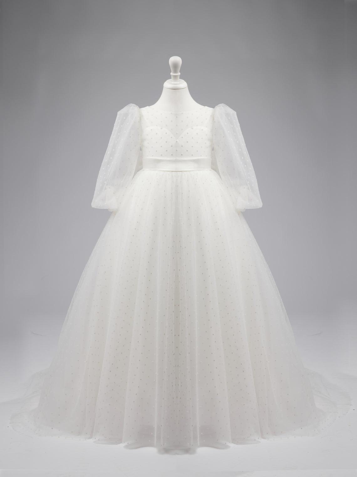 Elegant Polka Dot Tulle Puff Sleeve Sweep Train First Communion Flower Girl D… - photo 5