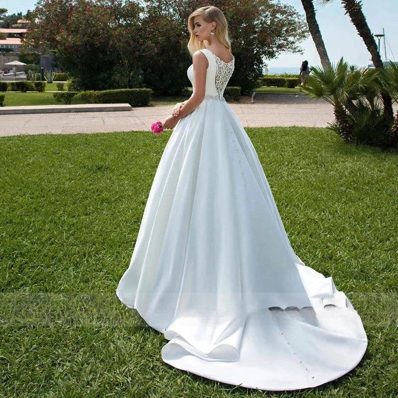Elegant Women's Wedding Dresses V-Neck Lace Appliques Beads Belt Satin Buttons Back A-Line 2023 Vestido De Noiva Bridal Gowns by payinti