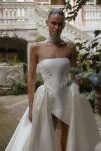 Luxury White Satin Strapless High Slit Ball Gown Wedding Dress with Choker SW186