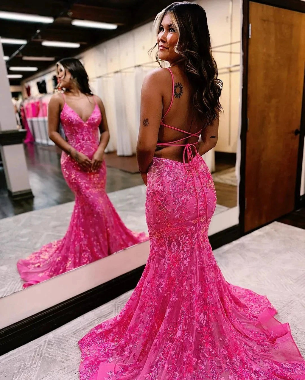Sleeveless Pink Sequins Mermaid Long Prom Dress with Backless Spaghetti Straps by BIZTUNNEL