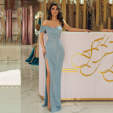 Elegante Sexy Light Blue Mermaid Abendkleider 2025 Eine Schulter High Split Party Prom Kleider Nach Maß