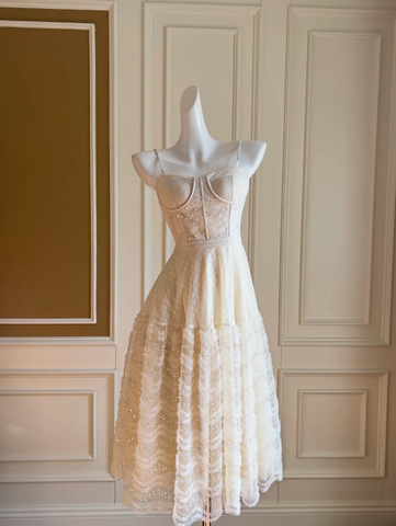 Classy Spaghetti Straps Tulle Sequins Midi Prom Dress Light Champagne A Line Evening Dress Y8571