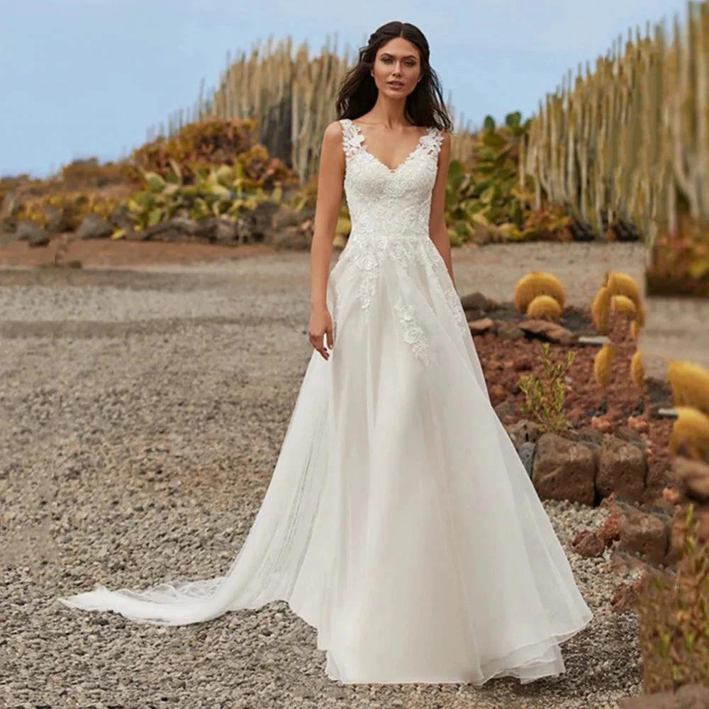 Simple A Line Wedding Dresses 2023 Sexy V Neck Sleeveless Lace Appliques Sweep Train For Women Bridal Gowns Buttons Back Robes by payinti