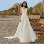 Simple A Line Wedding Dresses 2023 Sexy V Neck Sleeveless Lace Appliques Sweep Train For Women Bridal Gowns Buttons Back Robes by payinti