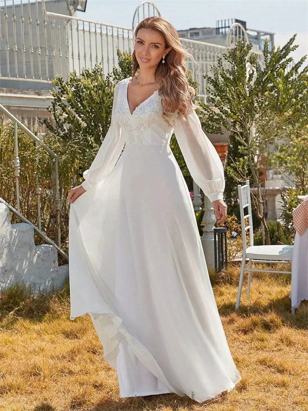 Classic Appliques 3D Flower Wedding Dress Simple Deep V-neck Long Sleeve Bridal Gown Beach Vestidos De Novia by payinti