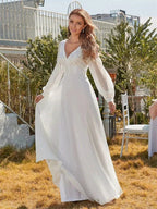 Classic Appliques 3D Flower Wedding Dress Simple Deep V-neck Long Sleeve Bridal Gown Beach Vestidos De Novia by payinti