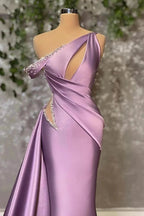 One Shoulder Sleeveless Lilac Mermaid Stain Prom Dress by BIZTUNNEL