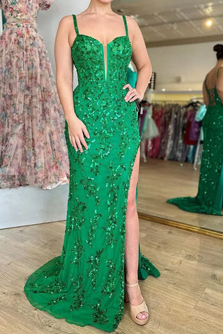 Vestido de fiesta largo con lentejuelas y abertura en azul brillante