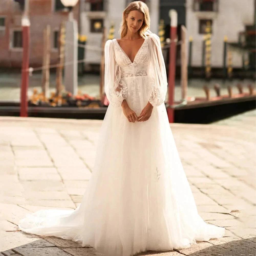 Sexy V Neck Lace Wedding Dresses 2024 Simple Long Puff Sleeves Bride Gowns Appliques Backless Robe De Marié Custom Made by payinti