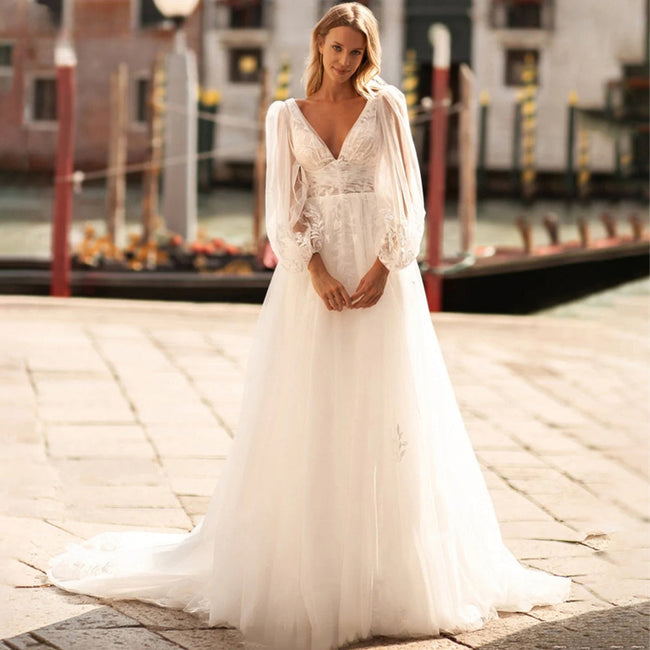 Sexy V Neck Lace Wedding Dresses 2024 Simple Long Puff Sleeves Bride Gowns Appliques Backless Robe De Marié Custom Made Hover Image