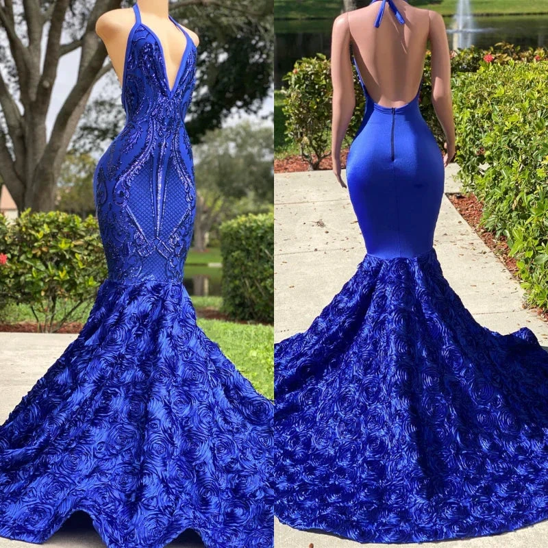 Royal Blue V-Neck Mermaid Prom Dress with Halter Neckline and Open Back by BIZTUNNEL
