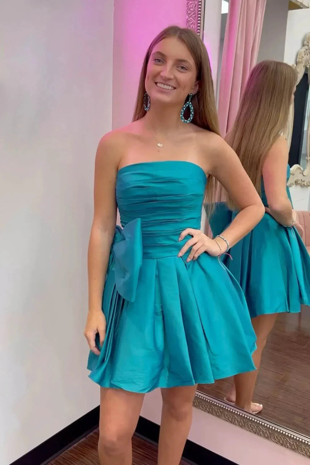 A-Line Strapless Pleated Party Dress with Bow by KissProm