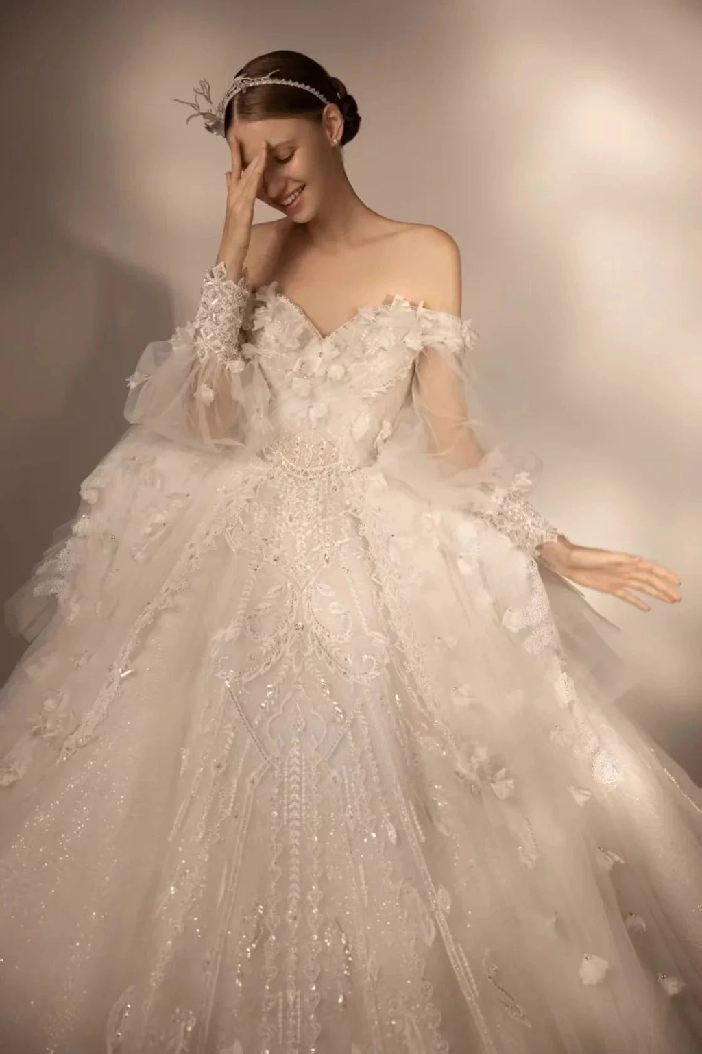 Gorgeous Long Ball Gown Off-the-Shoulder Tulle Wedding Dress with 3D Floral & Crystal Embroidery & Cathedral Train H009 by ZAPDRESS