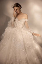 Gorgeous Long Ball Gown Off-the-Shoulder Tulle Wedding Dress with 3D Floral & Crystal Embroidery & Cathedral Train H009 by ZAPDRESS
