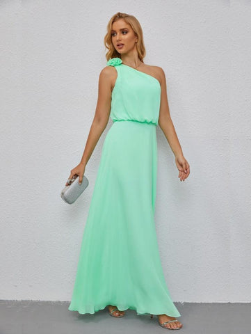 Ruffled One Shoulder Sleeveless Long Bridesmaid Dresses A-line Formal Evening Gown Side Split 28080