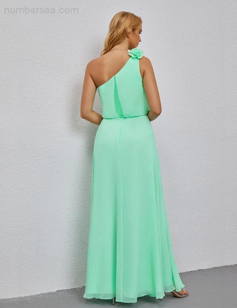 Ruffled One Shoulder Sleeveless Long Bridesmaid Dresses A-line Formal Evening Gown Side Split 28080 by numbersea