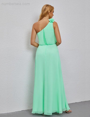 Ruffled One Shoulder Sleeveless Long Bridesmaid Dresses A-line Formal Evening Gown Side Split 28080