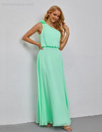 Ruffled One Shoulder Sleeveless Long Bridesmaid Dresses A-line Formal Evening Gown Side Split 28080 by numbersea