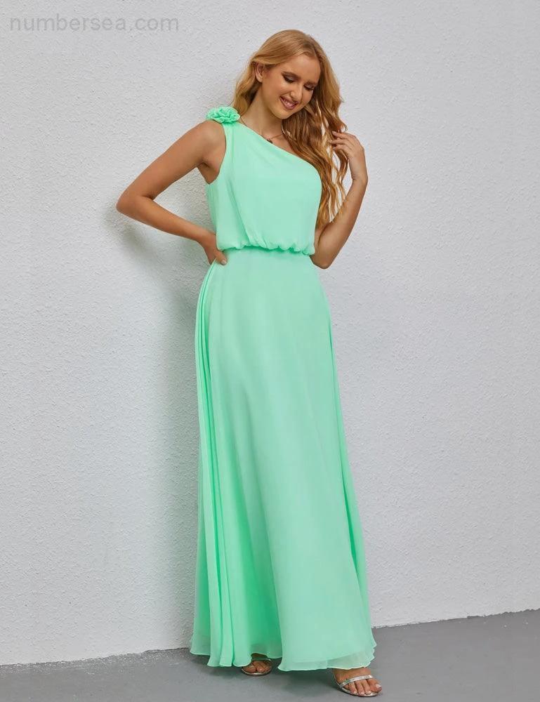 Ruffled One Shoulder Sleeveless Long Bridesmaid Dresses A-line Formal Evening Gown Side Split 28080 by numbersea