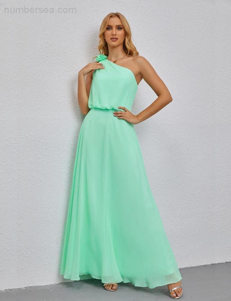 Ruffled One Shoulder Sleeveless Long Bridesmaid Dresses A-line Formal Evening Gown Side Split 28080 by numbersea