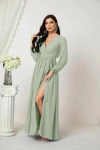 Sunnderly Evening Dresses Deep V-Neck Chiffon Bridesmaid Dresses Long Bishop Sleeve Side Split Formal Dress SY2806 by numbersea