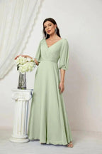 Numbersea Formal Prom Gown Women V-Neck Chiffon Bridesmaid Dresses Long Bishop Sleeve Party Dress 2807 by numbersea