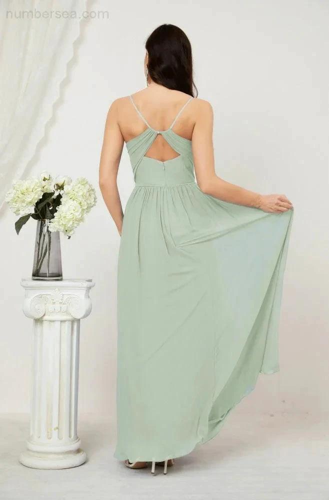 Numbersea Neck Bridesmaid Dresses Chiffon Long Spaghetti A-line Formal Prom Gown for Wedding Party Evening 2801 by numbersea