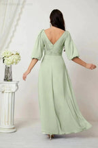 Numbersea Formal Prom Gown Women V-Neck Chiffon Bridesmaid Dresses Long Bishop Sleeve Party Dress 2807 by numbersea