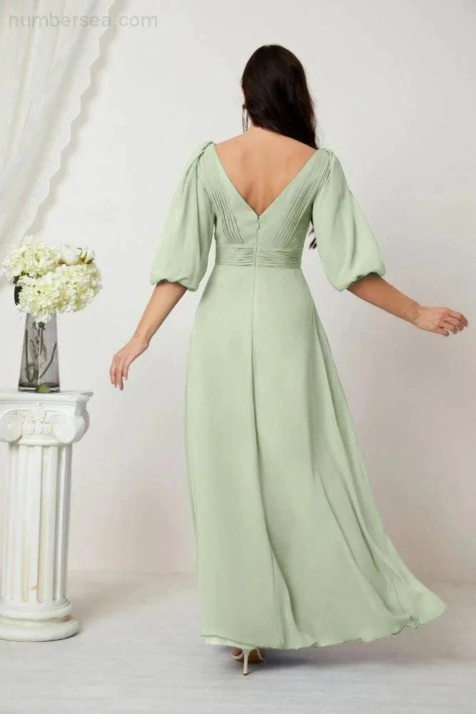 Numbersea Formal Prom Gown Women V-Neck Chiffon Bridesmaid Dresses Long Bishop Sleeve Party Dress 2807 by numbersea