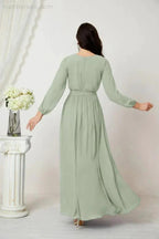 Sunnderly Evening Dresses Deep V-Neck Chiffon Bridesmaid Dresses Long Bishop Sleeve Side Split Formal Dress SY2806 by numbersea